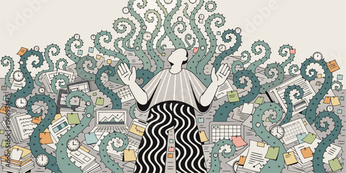 A vector illustration of a person overwhelmed by a chaotic swirl of office supplies and paperwork