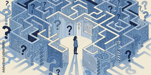 A person stands in front of a complex maze with many question marks, symbolizing confusion and problem solving.
