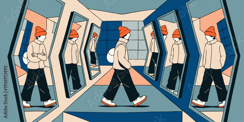 A person wearing a face mask walks through a hallway with multiple mirrors reflecting their image in a modern, abstract environment.