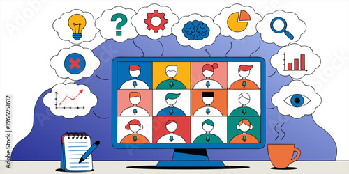 A vector graphic illustration of a computer screen displaying a virtual meeting with various thought bubbles and icons surrounding it