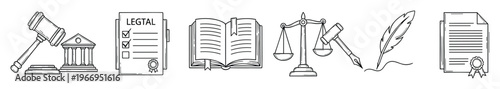 Legal system outline collection featuring court gavel, justice scales, statutory documents, law books, and quill pen, suitable for educational materials, legal service promotions, or