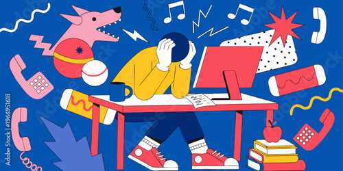 A frustrated student sits at a desk surrounded by distractions, feeling overwhelmed with work and responsibilities.