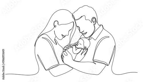 Continuous line drawing representing a loving mother and father gently holding their precious newborn baby, ideal for conveying themes of new life, family bonds, and unconditional love.