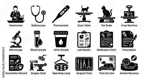 Comprehensive collection of veterinary medicine icons illustrating essential animal health care tools, procedures, and records, perfect for professional web interfaces, mobile applications,