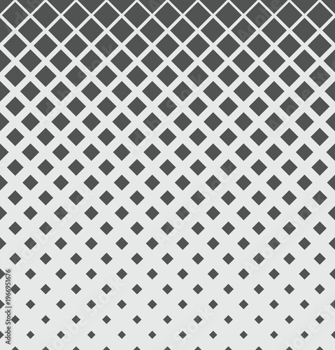 Seamless vector geometric pattern of overlapping diagonal grid lines forming diamond shapes that gradually scale down, in monochrome gray tones