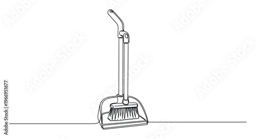 Minimalist one line drawing of a standup dustpan and brush set, perfect for domestic cleaning service promotions or simple household hygiene concepts for various projects.