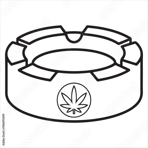 A black and white drawing of an ashtray with a marijuana leaf