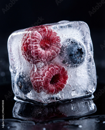 Frozen Berries in Ice Cube Macro with Cracks and Air Bubbles, Ultra Realistic Texture and Translucent Light, Cinematic Food Video