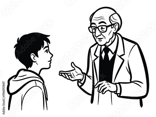 A young student actively engages with a wise senior mentor during a learning session, perfect for educational materials, instructional guides, and intergenerational communication themes.