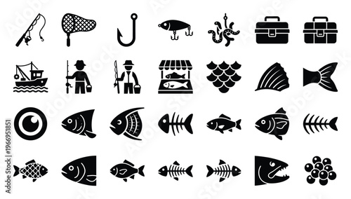 Diverse collection of fishing and seafood icons, illustrating angling gear, fishermen, boats, fish anatomy, and market symbols, ideal for app interfaces, educational presentations and