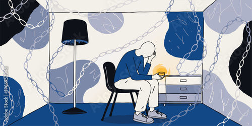 A man sits in a room with chains, feeling trapped and sad while holding a glowing object