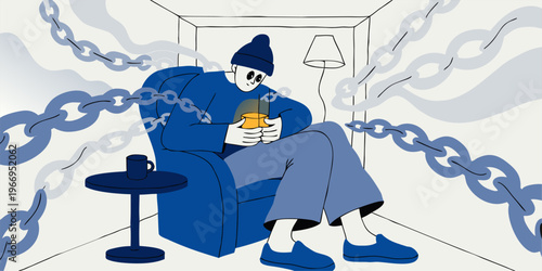 A vector graphic illustration of a person sitting in a chair surrounded by chains, symbolizing addiction or confinement.