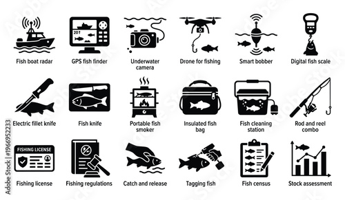 A versatile icon set illustrating fishing equipment, boat navigation, and fish management techniques, perfect for presentations, educational materials, and outdoor recreation graphics.