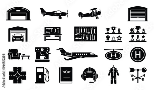 Collection of black and white aviation and workshop related icons including planes, hangars, tools, awards, and travel essentials perfect for business and service industry applications