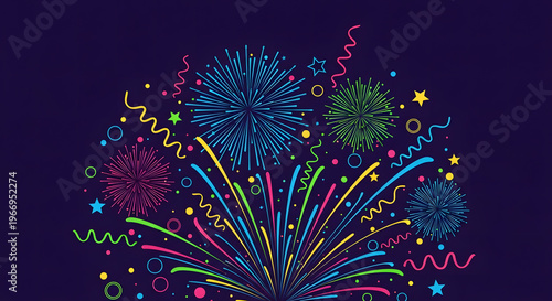 Colorful Fireworks Celebration Background with Confetti and Streamers