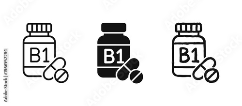 Vitamin B1 Supplement Icon Set. Thiamine Pills and Bottle for Health.