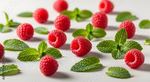 Fresh raspberries with mint leaves a vibrant still life