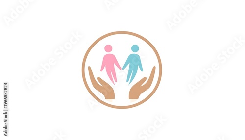 A gender-neutral symbol depicting two figures joined, cradled by hands within a circle, signifying care and support