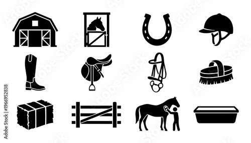 Horse and Equestrian Silhouette Icon Set – Stable, Riding Equipment, Saddle, Horseshoe and Farm Icons