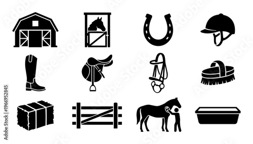 Horse and Equestrian Silhouette Icon Set – Stable, Riding Equipment, Saddle, Horseshoe and Farm Icons