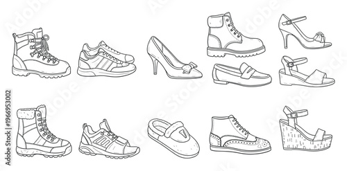Diverse footwear collection featuring outline sketches of various shoe styles perfect for retail catalogs fashion blogs and clothing store promotions