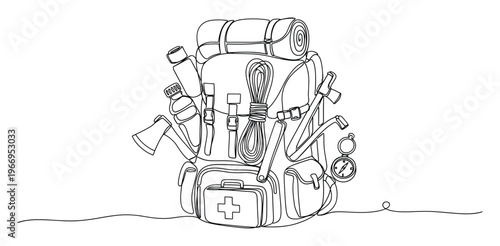 Single continuous line drawing showing a complete set of outdoor camping and hiking essentials including a backpack sleeping bag and tools ideal for travel themed promotions