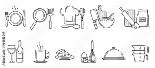 Culinary equipment and dining essentials collection for food preparation, baking, and serving, perfect for menu designs, recipe books, kitchenthemed marketing, and restaurant branding