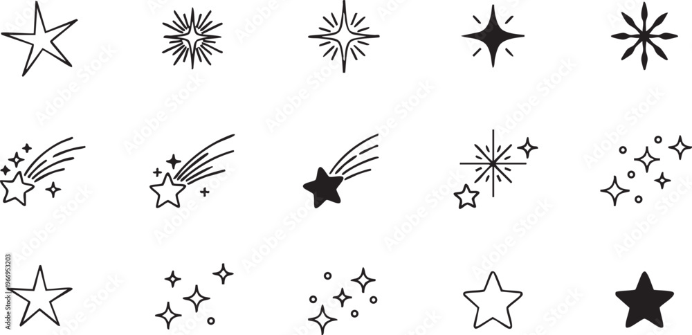 Fototapeta premium Collection of stylized star and shooting star icons in monochrome design