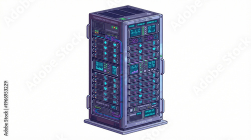 Flat isometric telemedicine data server tower isolated on white