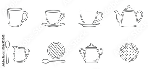 A comprehensive collection of hand drawn outline kitchenware items including teacups, coffee mugs, a teapot, milk jug, and biscuit, perfect for culinary projects or cafe branding
