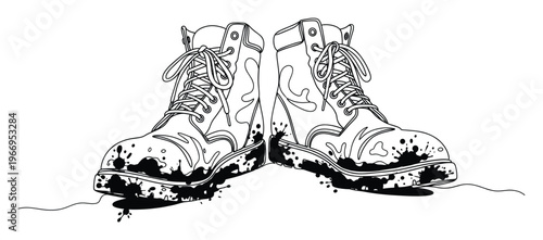 Sturdy pair of hiking boots with laces covered in dark mud splashes, presented as an outline drawing suitable for industrial, construction, outdoor, or travel themed marketing materials and