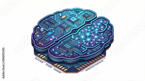 Flat isometric AI medical brain chip isolated on white background