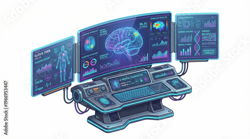 Flat isometric AI diagnostic computer terminal isolated on white