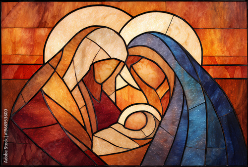 Ilustración estilo vitral de la escena del nacimiento con la sagrada familia y la estrella de Belén