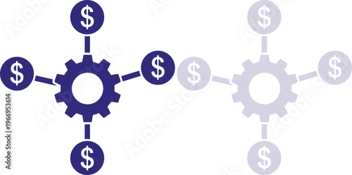 Gear Cogwheel Connected to Dollar Currency Signs representing Financial Mechanism and Business Growth