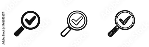 Search and verify icons: magnifying glass with a checkmark in solid, line, and hand-drawn versions for digital platforms