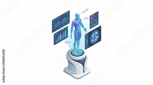 Flat isometric digital health data hologram projector isolated on white