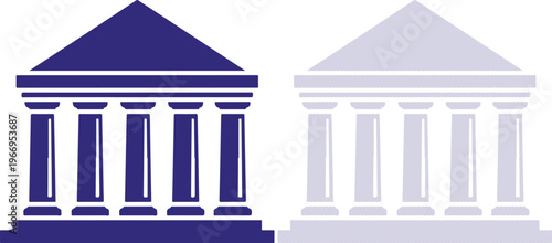 Bank Building Icons in Dark Blue and Light Grey Isolated on White Background