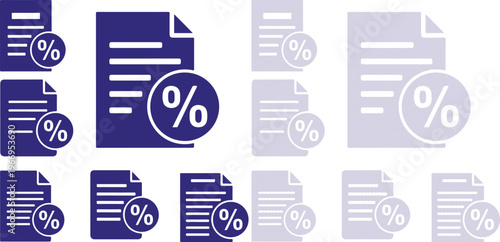Percentage Document Icons representing Financial Discount and Interest Rate in Blue Flat Style