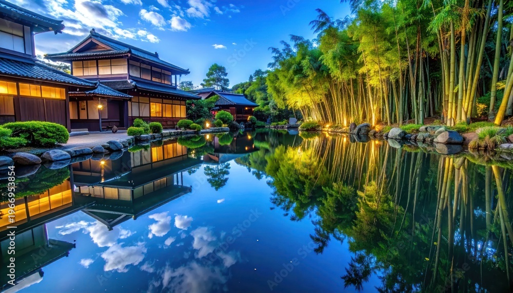Obraz premium Tranquil Japanese Garden with Illuminated Bamboo and Reflecting Pond.