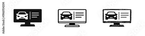 Online Car Sales and Listings Icon Set. Vector illustration of a monitor displaying car information in solid, outline, and doodle styles.