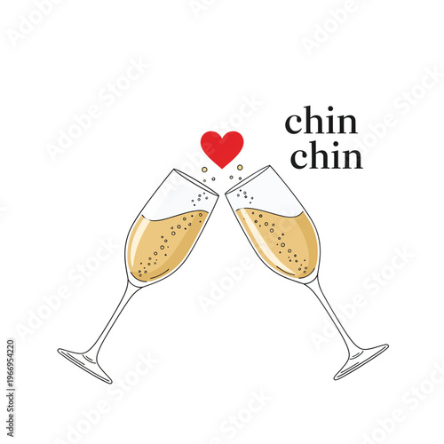 Two champagne flutes clinking with a heart symbol and text 'chin chin' above them