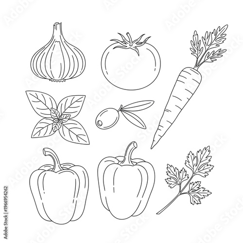 Assorted vegetables and herbs illustrated in a sketch style