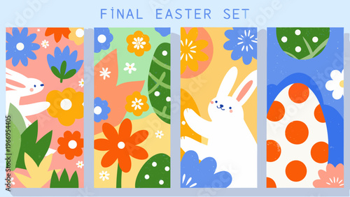 Colorful easter patterns with bunnies flowers and decorated eggs