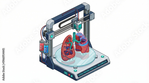 Flat isometric 3D bioprinted human lungs isolated on white background