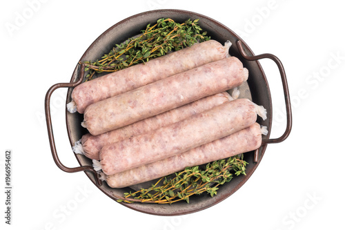 Raw Sausages with minced pork meat, bockwurst isolated on white background. top view