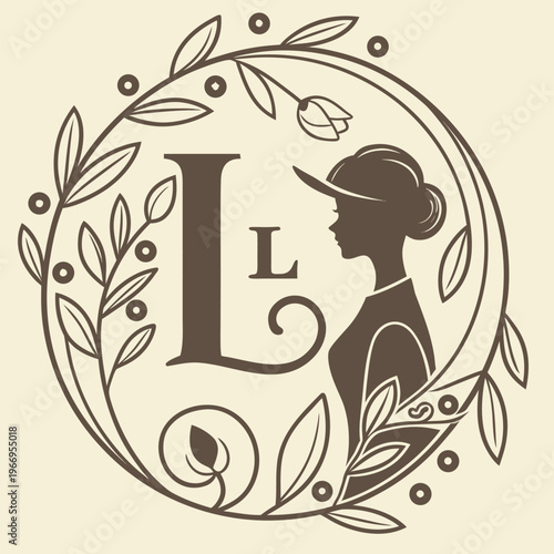 Elegant woman silhouette in laurel wreath with monogram letters with hair bun