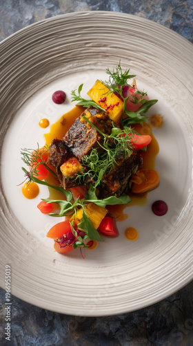 Artistic plating with microgreens and flowers. Gourmet dish decorate with edible flowers and herbs. Generative AI image