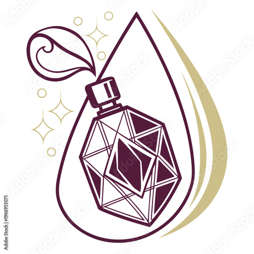 Geometric perfume bottle in water drop with sparkle accents