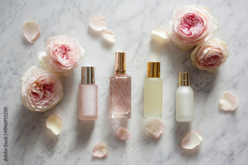 Set of bottles luxuries cosmetic product om marble surface. Perfume bottle Skin care product glass bottle Cosmetic bottles. Generative AI image